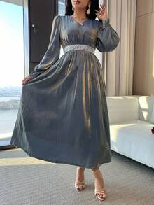 DAZY Đầm dài nữ thanh lịch phối màu, đính sequin, cổ chữ V, tay phồng, xếp ly, thích hợp cho dự tiệc cưới mùa xuân/hè. - Màu xanh lam - Xem 7