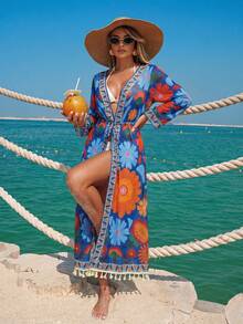 Swim Lushoire 女士印花和服罩衫，配可拆卸腰带，适合海滩、派对、度假等场合。 - 藍色 - 查看 3