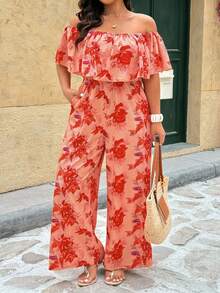 Breezaya Plus Size Women's Coral Floral Print Off-Shoulder Ruffle Sleeve Jumpsuit,Summer Boho Beach Holiday Vacation Outfits,Comfortable Boat Cruise Outfit - Red - View 4