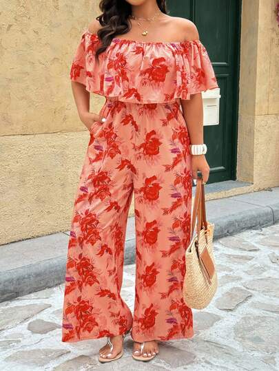 Breezaya Plus Size Women's Floral Print Off-Shoulder Ruffle Sleeve Jumpsuit, Comfortable For Vacation, Spring/Summer