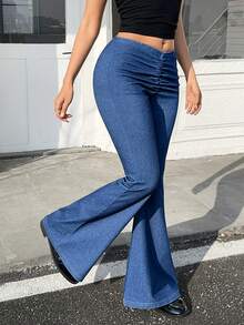 Flexra 女士休闲水洗低腰喇叭牛仔裤 - 藍色 - 查看 5