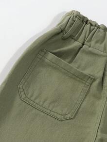 SHEIN Genkimix Kids 少女軍綠色高腰寬腿牛仔長褲，彈性腰抽繩休閒運動褲，時尚百搭夏季薄款牛仔褲 - 綠色 - 查看 4