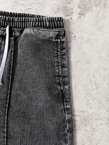 青少年男孩休闲个性街头时尚宽松直筒水洗牛仔裤 - 深灰色 - 查看 8