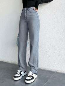 SHEIN PETITE Women's Simple Casual Pocket Button Straight-Leg Jeans - Baby Blue - View 3