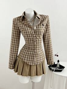 Elamini 1 szt. damska koszula w czerwoną kratę, haftowana, dopasowana, z długim rękawem i guzikami, uniwersalna na co dzień, dojazdy do pracy, na co dzień, do szkoły, na Walentynki - Brązowy - Zobacz 3