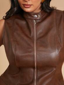 SHEIN BAE 大码夏季秋季女式音乐节休闲复古无袖抽绳修身夹克，PU皮夹克，皮革无袖夹克，音乐节服装，派对服装，春夏女装，西部风格女装，外出上衣，假日女装，女士上衣，办公室女装，度假，乡村音乐会，女牛仔风格，曲线身材 - 棕色 - 查看 7