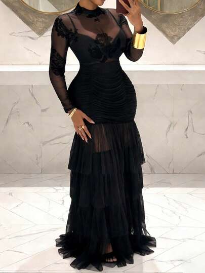 Slaydiva Vestido de malla de manga larga y transparente de talla grande y sexy