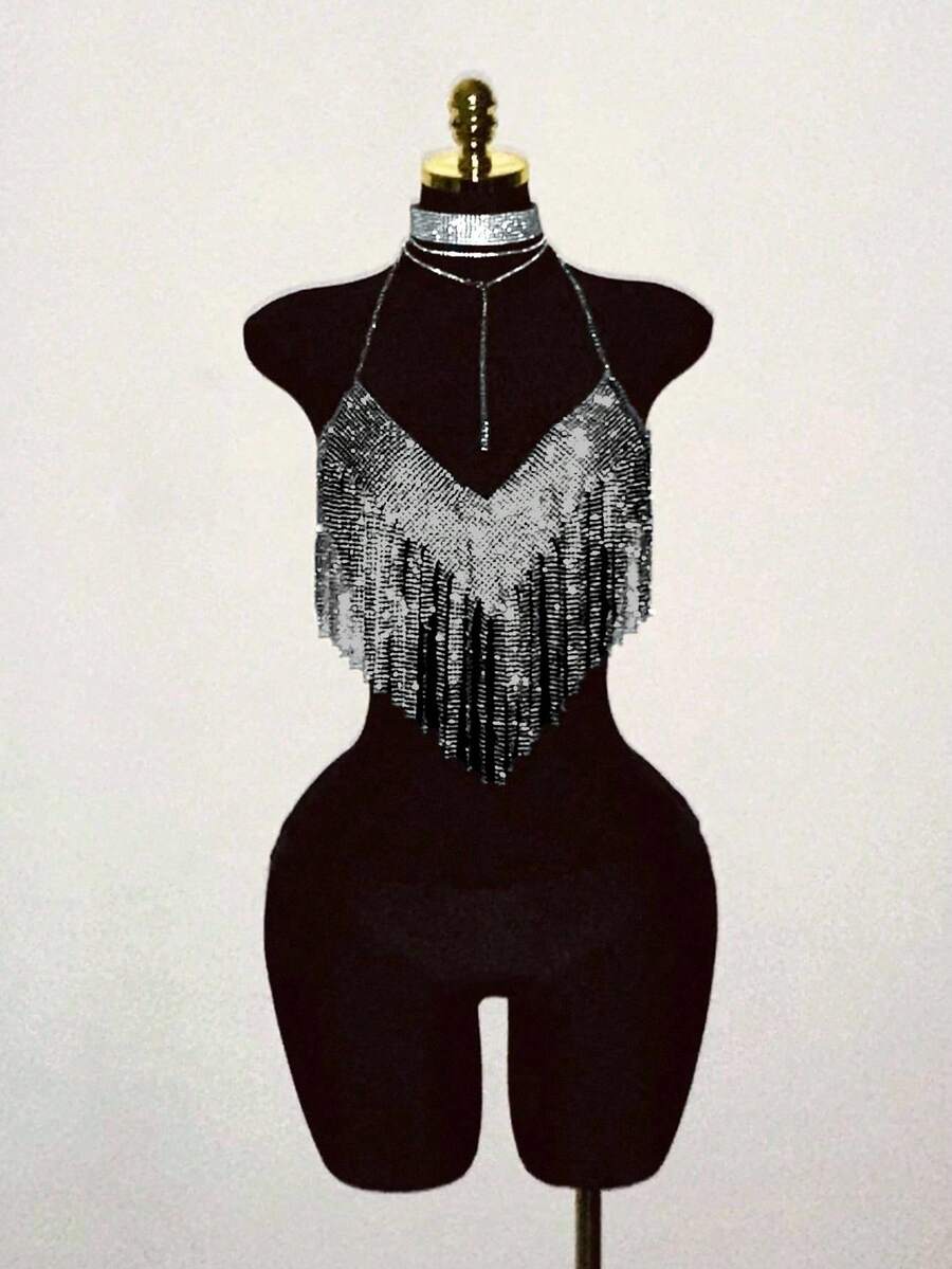 EgrlEra 女士金属细肩带，流苏闪亮，适合音乐节和派对 - 黑色 - 查看 1