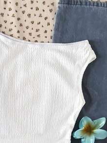 SHEIN Teen Girl Textured Bubble Crinkle Knit Oblique Shoulder Ruched Asymmetrical Shoulder T-Shirt Top - White - View 4