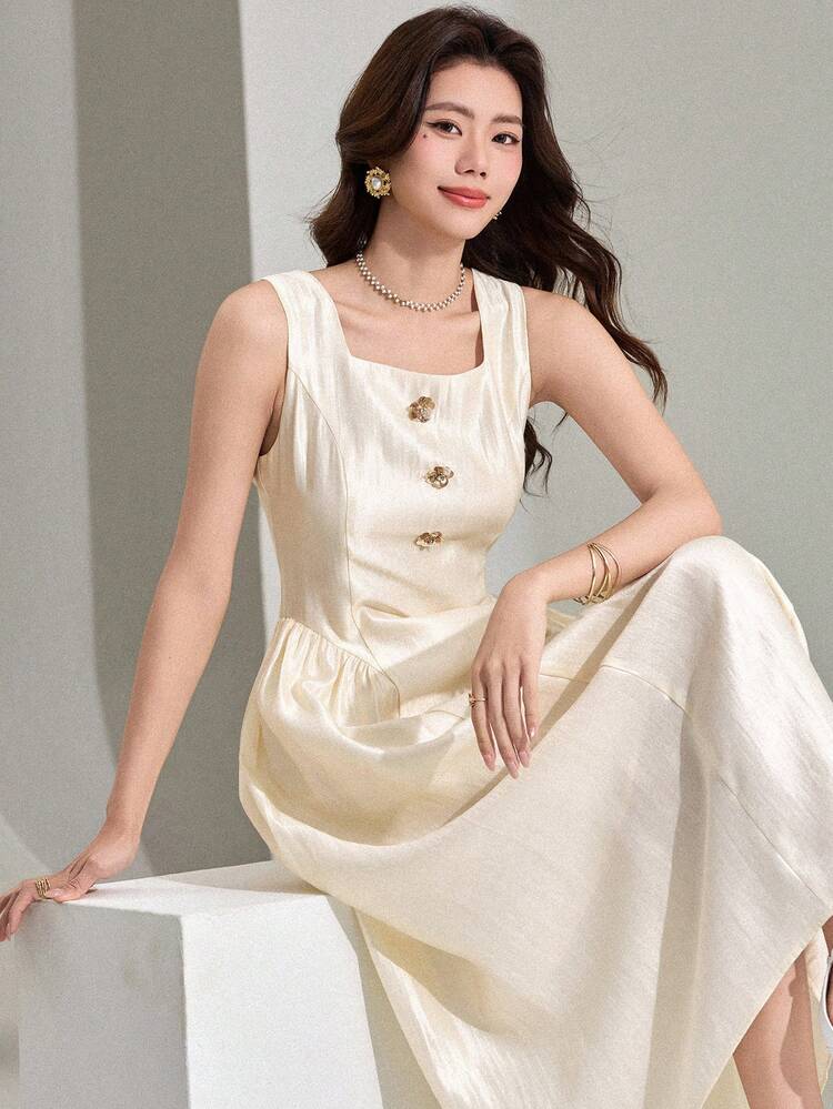 Women's Elegant Solid Color Square Neck Sleeveless Sequin Midi Dress, Summer Wedding Guest Dress Sundress