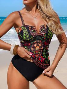 Swim Lushoire Summer New Beach Vacation V-Neck Digital Print Tankini Swimwear - Multicolor - View 3