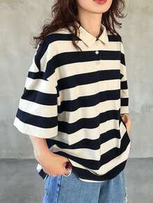 FRIFUL 95% Cotton Striped Polo Collar Drop Shoulder Short Sleeve Black & White Striped Loose Casual Versatile T-Shirt - Blue - View 2
