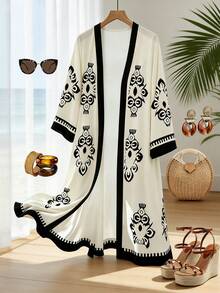 GlowEve Women's Pattern Vacation Daily Casual Beach Cover-Up, Versatile For Commute, Business, Holiday, Early Spring/Summer, Mid-Length Thin Cover Up Jacket, Beige Base With Black Print - Multicolor - View 10