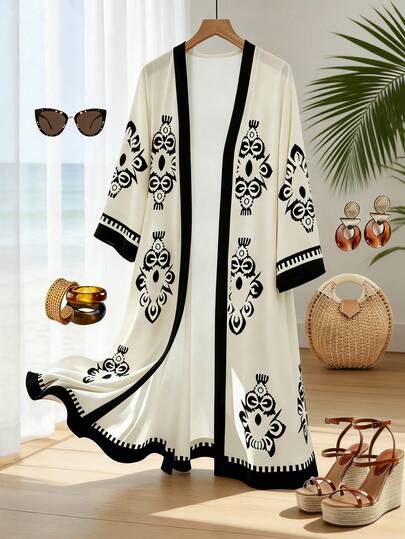 GlowEve Women's Pattern Vacation Daily Casual Beach Cover-Up, Versatile For Commute, Business, Holiday, Early Spring/Summer, Mid-Length Thin Cover Up Jacket, Beige Base With Black Print