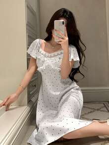 DAZY Satin Polka Dot Allover Print Lace Patchwork Ruffle Hem Women Nightgown - White - View 5