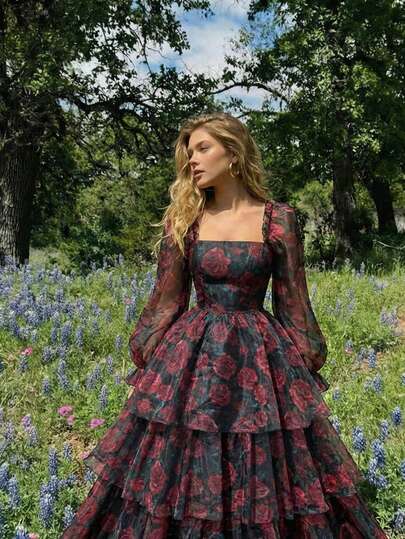 SHEIN MOD Vestido de mujer con estampado floral elegante, cuello cuadrado y mangas abullonadas, ideal para el Día de San Valentín, disfraces de Carnaval, atuendos de San Valentín para mujer, Carnaval, vestido floral, vestido de té para mujer, vestido vintage estilo victoriano