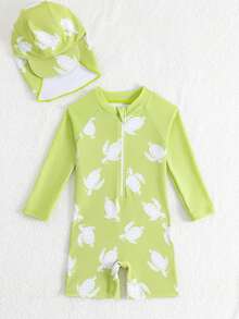 SHEIN Baby Boys Light Green Sea Turtle Rash Guard Swimsuit,Cute Cartoon Long Sleeve One-Piece Bathing Suit With Hat,2pcs Summer Vacation Holiday Beach Set - Multicolor - View 5