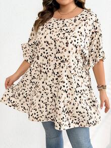 SHEIN CURVE+ 大码女式夏季度假休闲褶皱碎花灯笼袖复古衬衫波西米亚风度假 - 彩色 - 查看 5