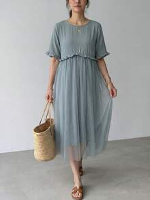 EMERY ROSE Casual Women's Cap Sleeve Doll Print Dress - Dusty Blue - View 6