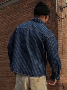 DAZY Men's Distressed Striped Denim Jacket, Spring - Blue - View 2