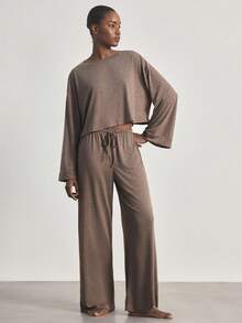 Ocili 2pcs Comfortable Soft Bamboo Knit Round Neck Long Sleeve Top And Pants Women Pajama Set, Summer - Coffee Brown - View 6