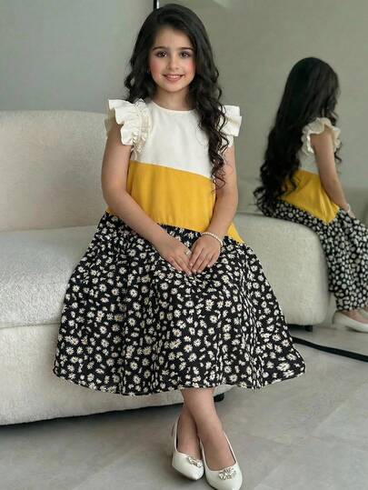 SHEIN Vestido casual holgado de cuello redondo y manga corta con bloques de color para niña preadolescente