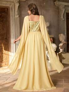 Aureia Đầm chữ A xếp ly bằng chiffon sang trọng, màu vàng kim, cổ bèo nhún, tay loe, cỡ lớn, thích hợp cho đám cưới, tiệc tùng, lễ kỷ niệm, sự kiện trang trọng, dạ hội (Thiết kế đính kết cầu kỳ) - Màu vàng - Xem 4
