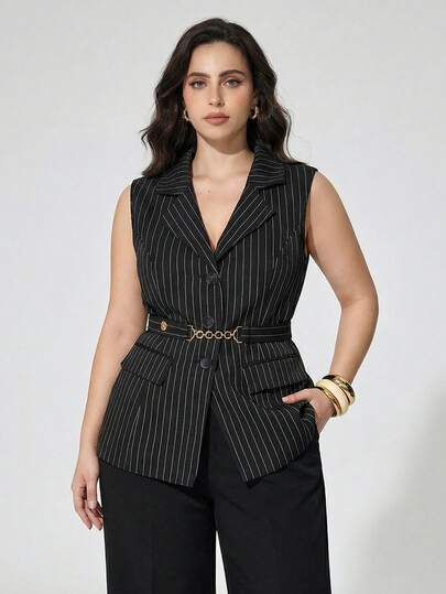 Maija 2026新款大码条纹背心套装，浪漫、时尚、百搭；舒适、优雅、休闲、简约，适合日常穿着，商务休闲，春夏皆宜，适合情人节、狂欢节、派对、海滩、婚礼、度假等场合。大码职业装、商务正装、办公室着装、商务休闲大码、大码西装背心。