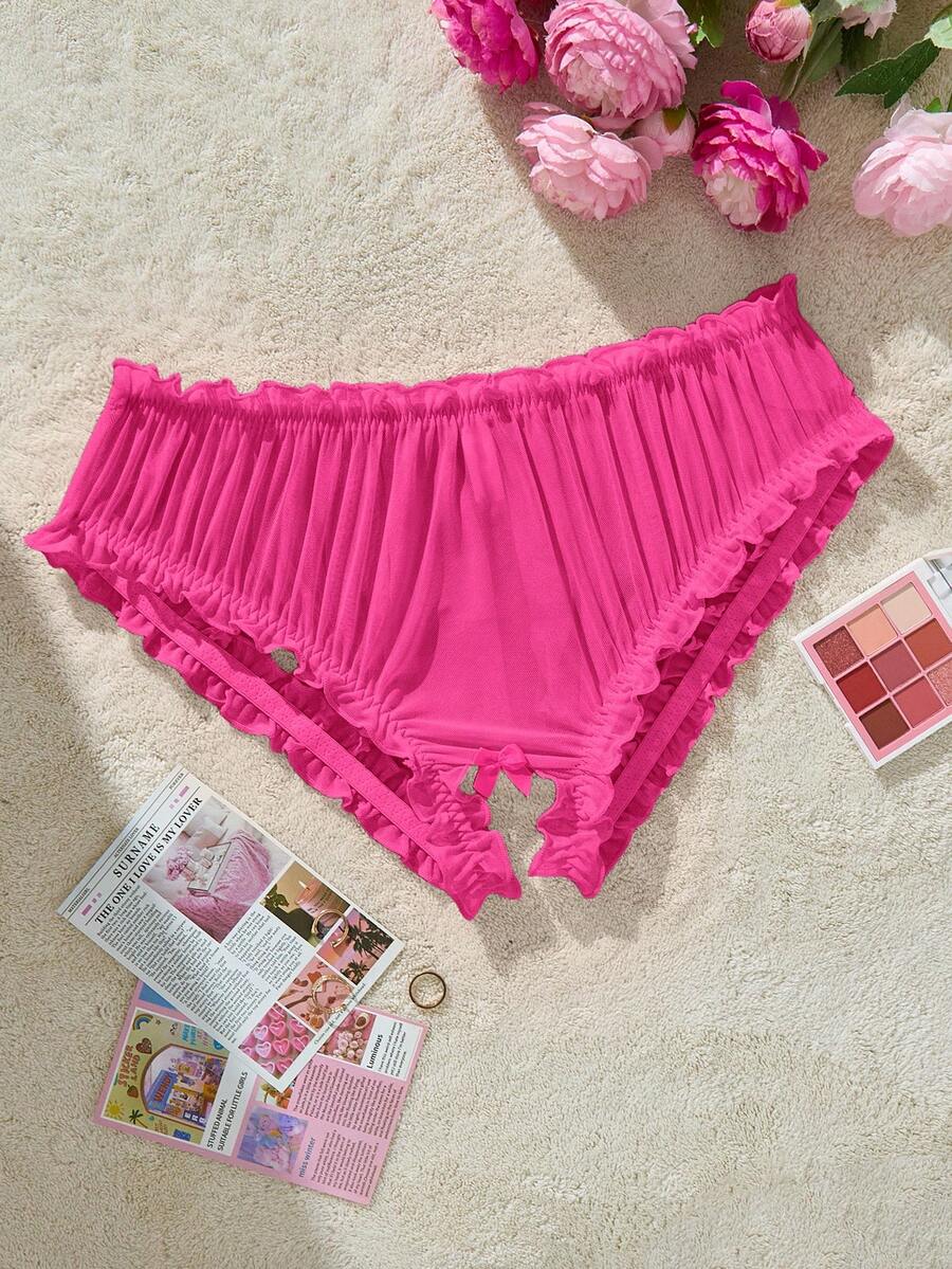 SHEIN 大码可爱甜美多层荷叶边无裆蝴蝶结内衣 - 玫紅色 - 查看 1