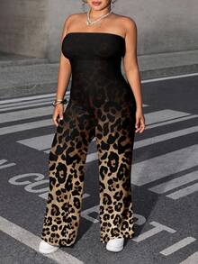 Dripcurv Multicolor Plus Size Strapless Sleeveless Fabric Random Print Leopard Jumpsuit With Backless Detail - Multicolor - View 6