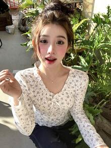 DAZY 女士蕾丝荷叶边系带碎花修身T恤 - 白色 - 查看 3