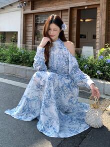 DAZY Women's Full Print Cold Shoulder Long Sleeve Dress, Korean Style Sundress Boho Vacation Outfits Women - Apricot - View 5
