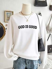 Lalippa 女士标语印花圆领宽松休闲套头卫衣 - 白色 - 查看 1