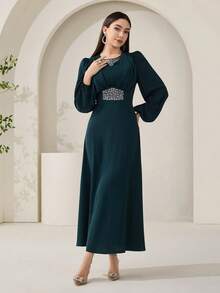 Veilorie Đầm dạ hội sang trọng mới, đính đá lấp lánh, xếp ly eo, kiểu dáng thanh lịch. - Màu xanh lá cây đậm - Xem 7