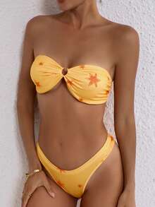 INAWLY Women's Floral Print Tube Top And Thong Bikini Set, Summer Vacation - Orange - View 1