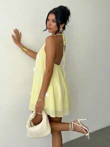Firerie 女士雪纺优雅奶油黄露背吊带系腰短裙，女士约会之夜连衣裙，女士夏季连衣裙，女士蜜月旅行装，女士婚礼宾客连衣裙，浪漫海岛度假装，女士婚礼宾客连衣裙，女士吊带连衣裙，女士优雅派对连衣裙，女士生日连衣裙，节日连衣裙，荷叶边吊带连衣裙 - 淡黃色 - 查看 6