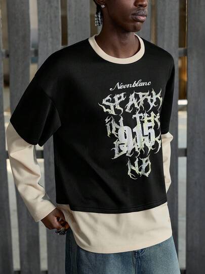 NEON BLANC Herren 2-in-1 Langarm T-Shirt, Waffelmuster Panel Farbblockdesign mit coolem 915 Buchstaben-Muster Streetwear