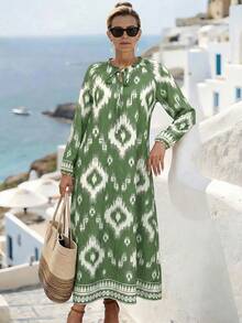 Breezaya Đầm dài tay phồng, cổ bèo nhún, thắt eo dành cho nữ - màu xanh lá - Xem 3