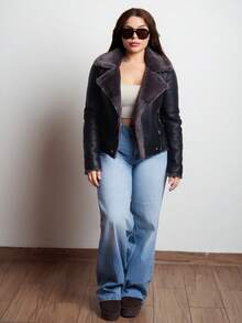 Lupita Cardoza Women's Black PU Leather Composite Faux Rabbit Fur Collar Jacket - Black - View 6