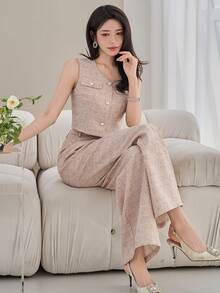 DAZY 女士优雅仿口袋吊带背心和阔腿裤两件套，春夏款 - 杏色 - 查看 1