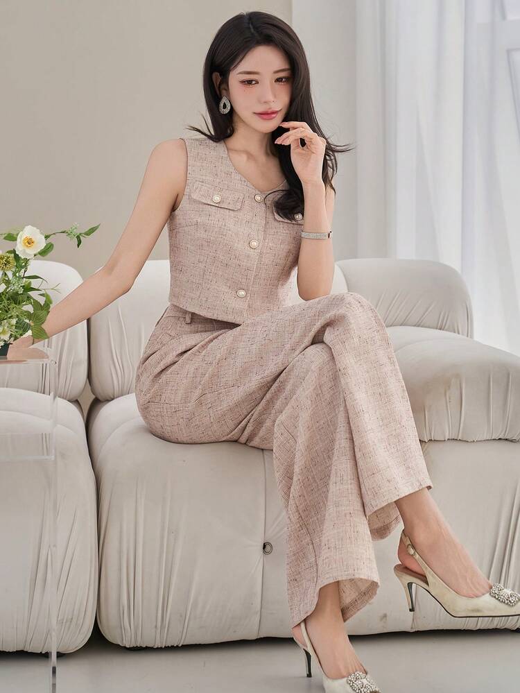 Women's Elegant Faux Pocket Camisole And Wide Leg Pants 2 Pieces Set, Spring/Summer,Wedding Guest Dress Women