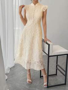 DAZY Women's Elegant Lace Collar Ruffle Hem Mid-Length Dress, Summer - Apricot - View 10