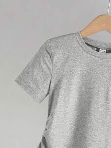 Tween Girl Embroidered Crew Neck Short Sleeve T-Shirt And Elastic Waist Pants Casual Outfit - Grey - View 3