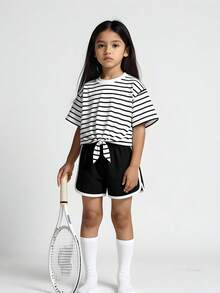 Girls' Minimalist Striped Round Neck Drop Shoulder Short Sleeve Top With Waist Tie And Black Drawstring Shorts Set, Soft And Comfortable Fabric, Casual Outfit For Home And Family Interaction - Black - View 3