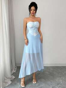 Modelyn 女士优雅刺绣网纱连衣裙，适合派对和聚会 - 藍色 - 查看 6