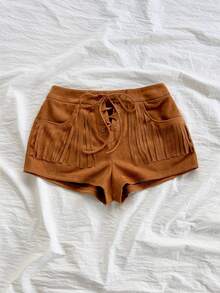 Soleia Spring/Summer New Casual Vacation Western Beach Wedding Guest Attire Graduation Brunch Women's St. Patrick's Day Spring Break Easter Music Festival Elegant Bohemian Tropical Chic Low Waist Khaki Suede Beaded Ladies Shorts - Khaki - View 6