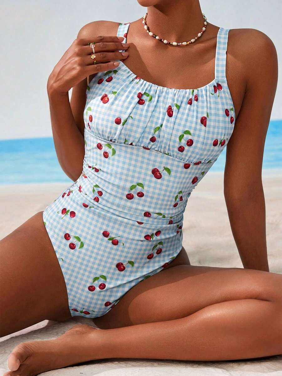 Swim Mod Women's Cherry Plaid Print One-Piece - Baby Blue - View 1