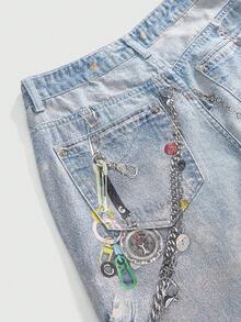 ROMWE Grunge Punk Y2K Sexy Distressed Washed Chain & Badge Print Wide Leg Jeans For Women - Blue - View 4