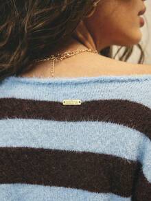 Aralina 甜美条纹毛绒针织圆领长袖舒适秋季女式毛衣上衣 - 藍色 - 查看 9