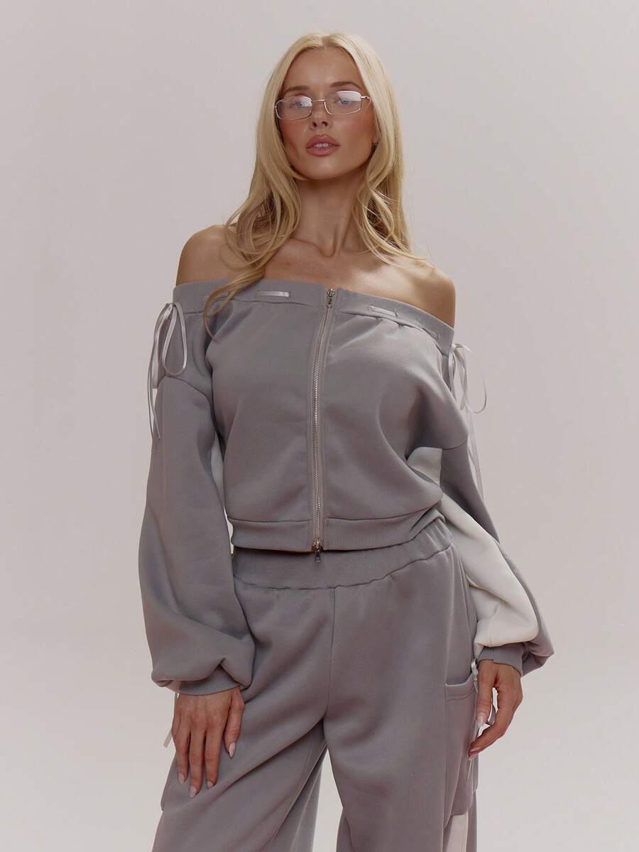 MUSERA Off The Shoulder Side Stripe Satin Bow Lace Up Detail Zip Through Sweatshirt Coord Top Only Cute Girly Sexy Spring Winter Going Out Daily Easter Sugar Swizzle - Multicolor - View 1